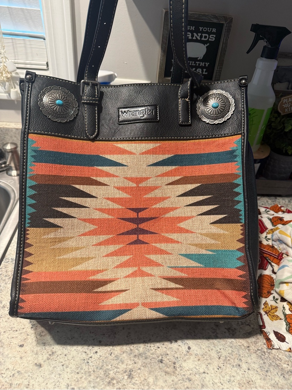 Wrangler Southwestern Tote in Turquoise, Coral & Brown